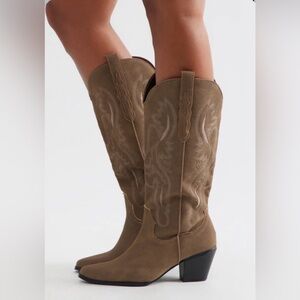 Fashion Nova Holster Knee High Cowboy Boots in Taupe